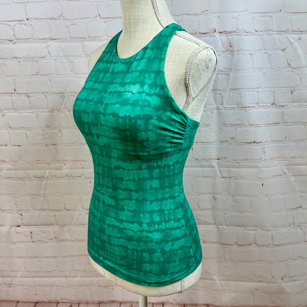 Athleta Maldives Print Tankini Top Green Bikini Support Bra High Neck S 32B 32C